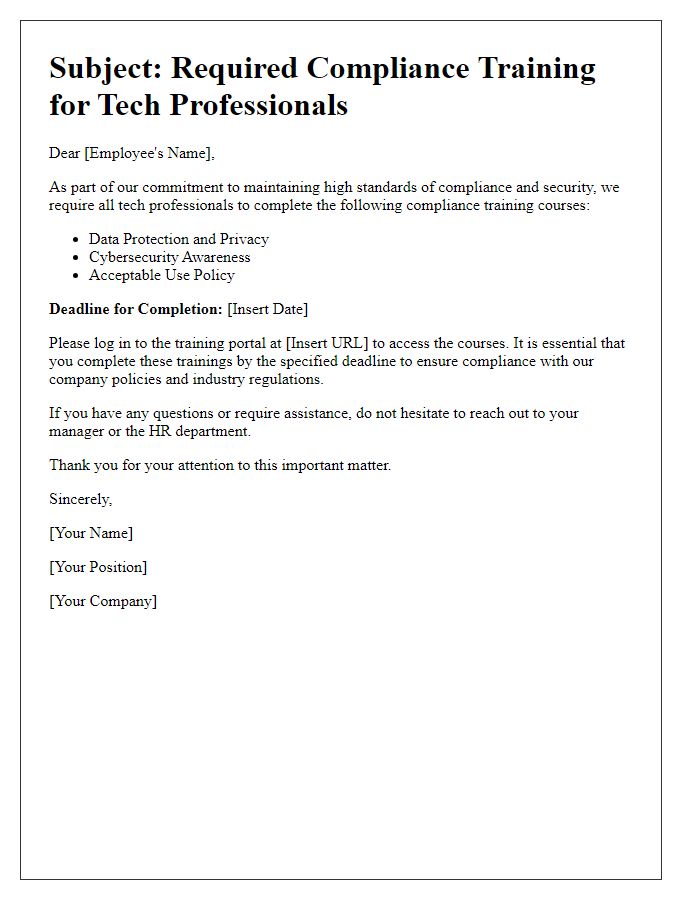 Letter template of required compliance training for tech professionals