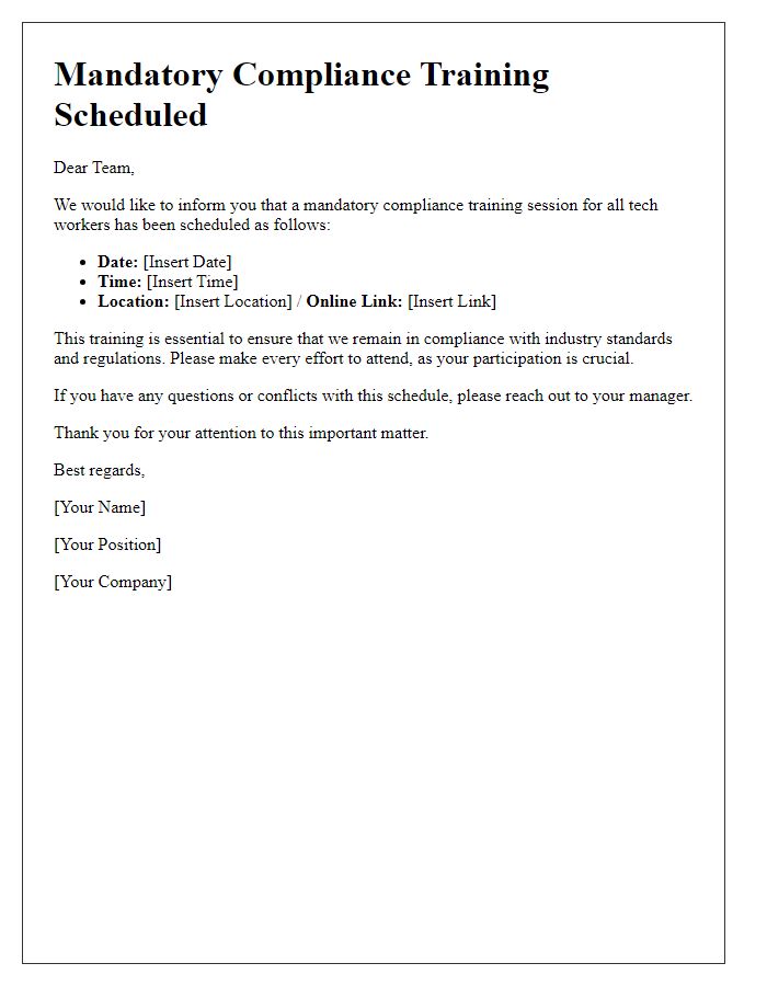 Letter template of scheduled mandatory compliance training for tech workers