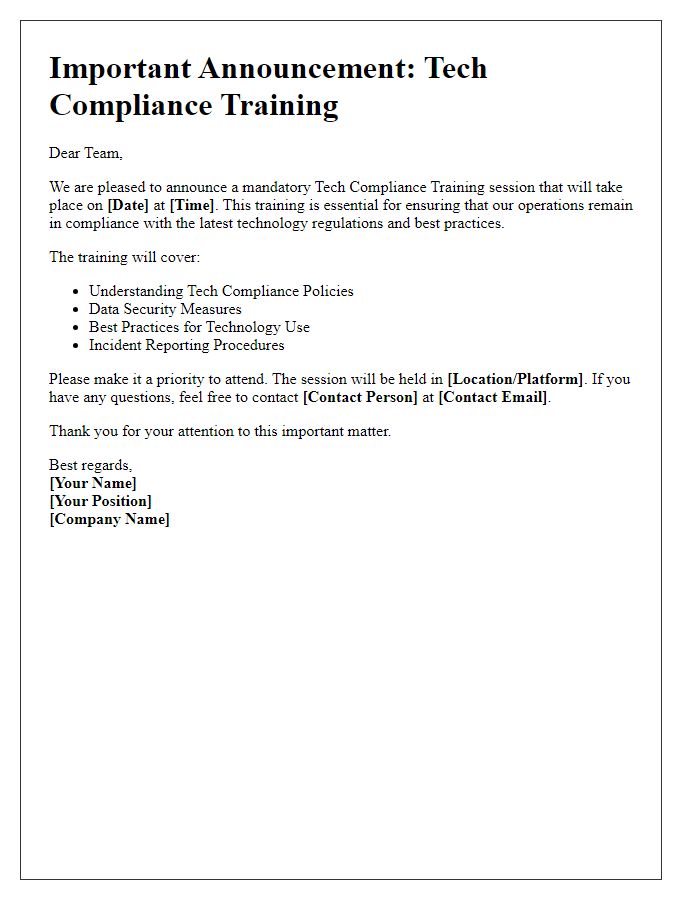 Letter template of tech compliance training announcement for staff