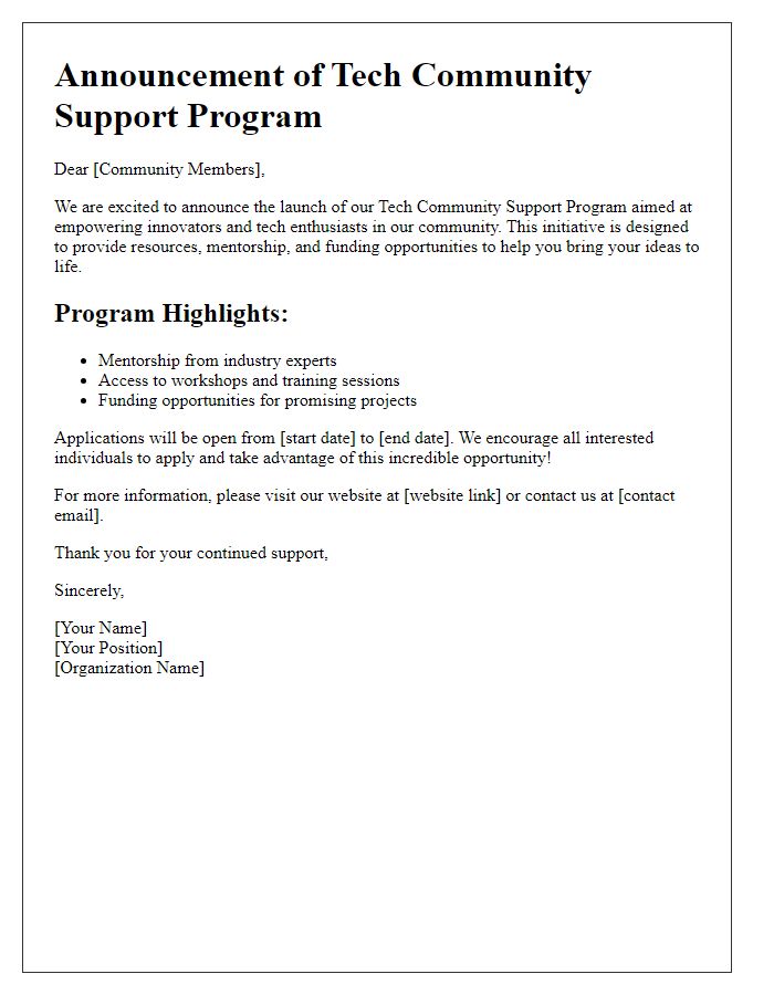 Letter template of tech community support program announcement