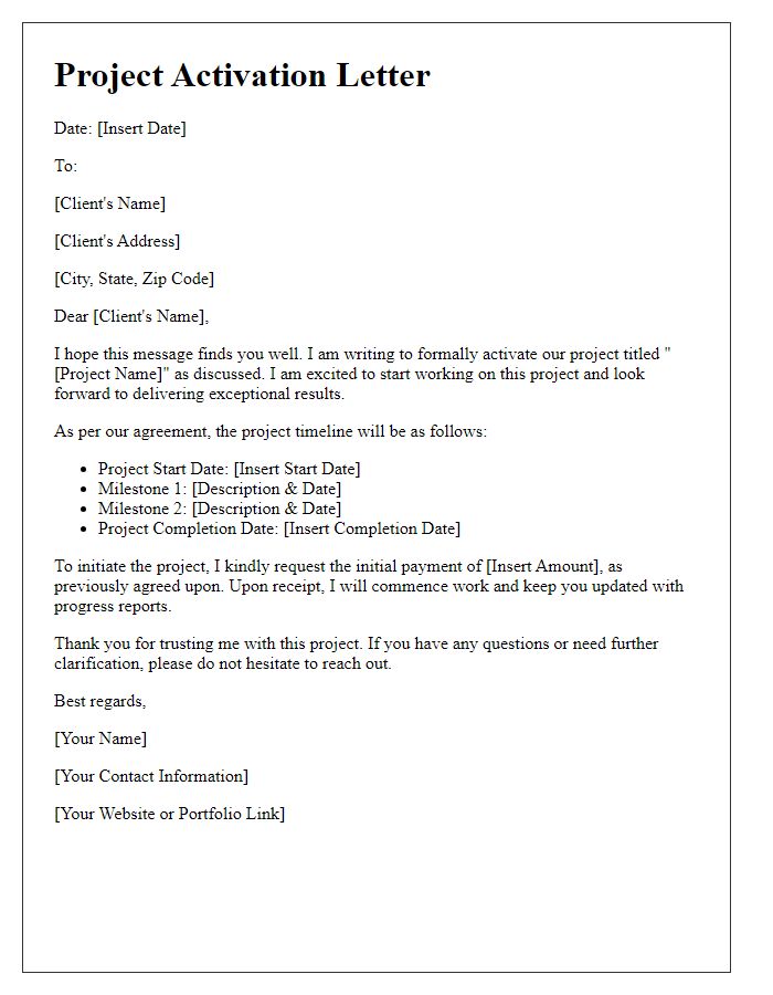 Letter template of freelance project activation