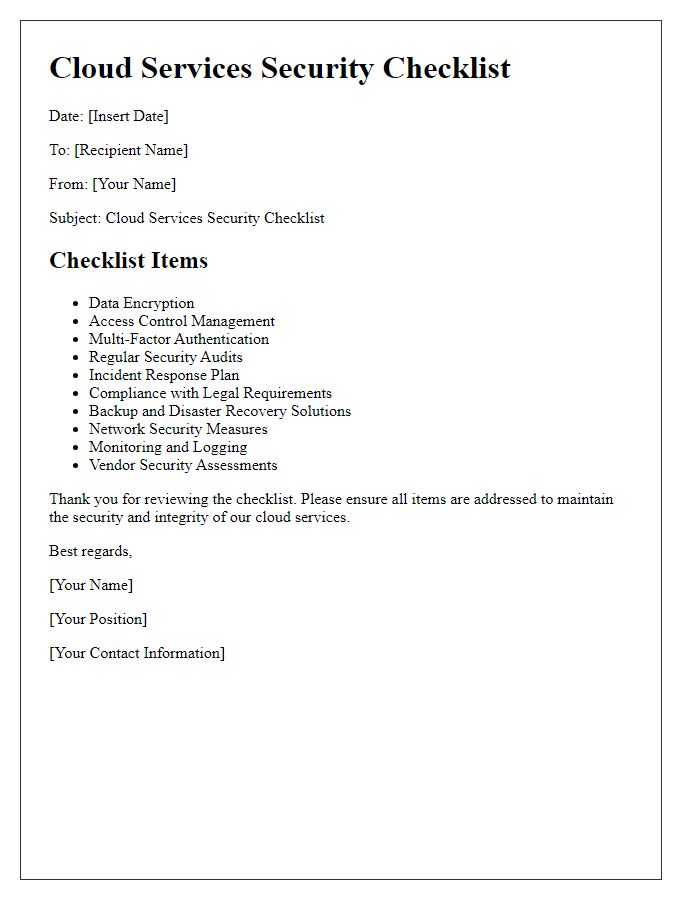 Letter template of cloud services security checklist