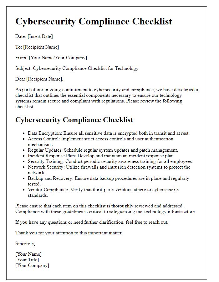 Letter template of cybersecurity compliance checklist for technology