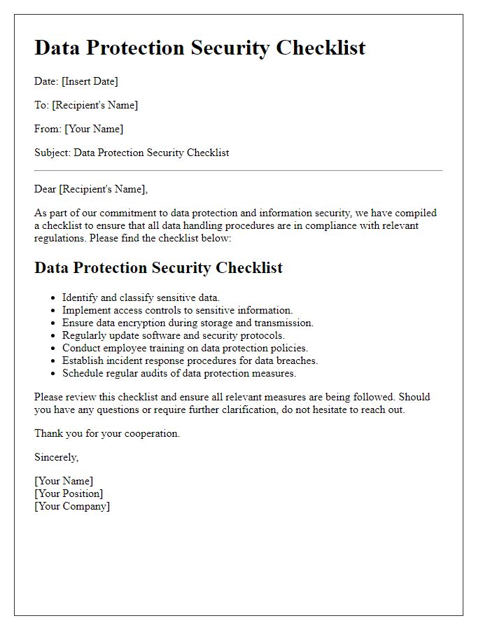 Letter template of data protection security checklist