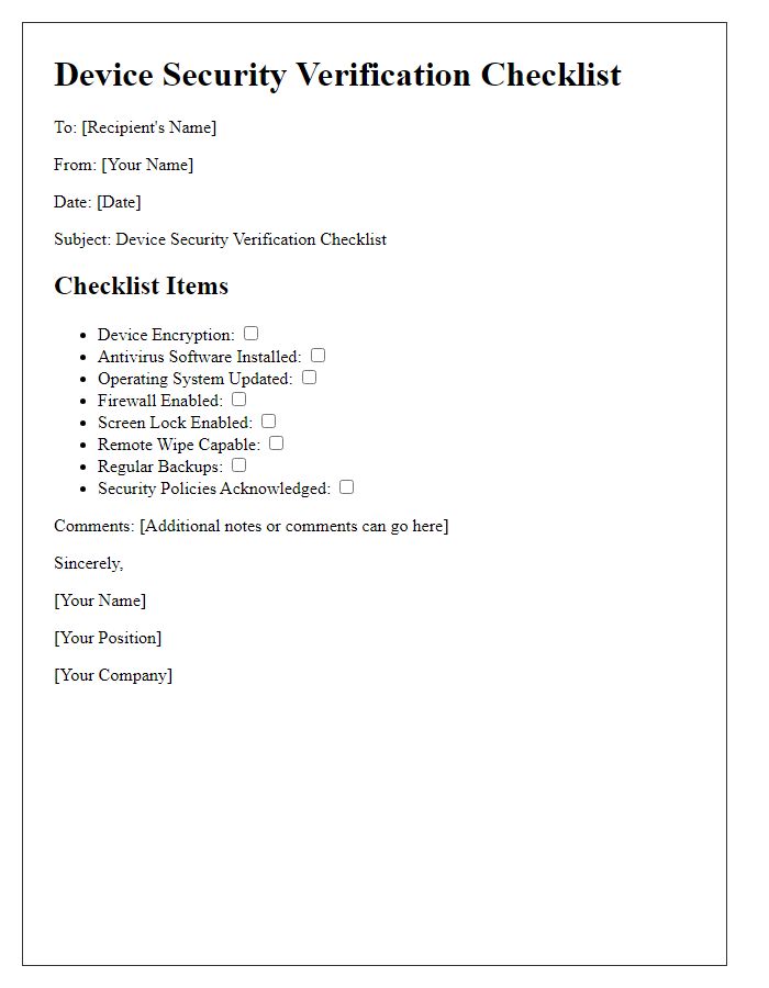 Letter template of device security verification checklist