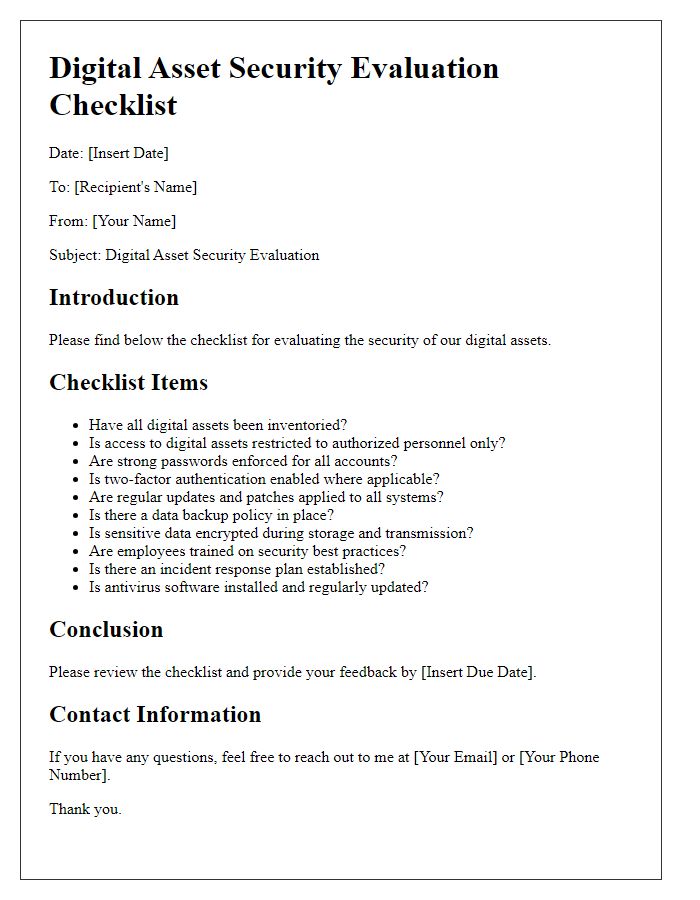 Letter template of digital asset security evaluation checklist