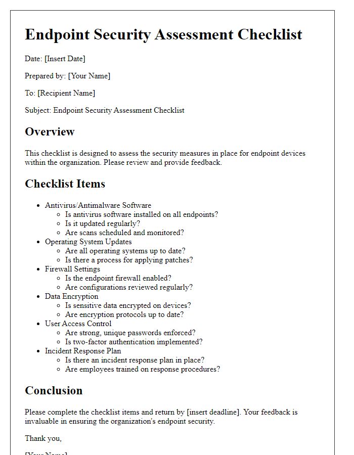 Letter template of endpoint security assessment checklist