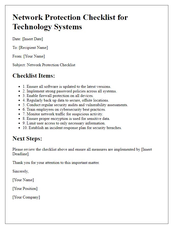 Letter template of network protection checklist for technology systems