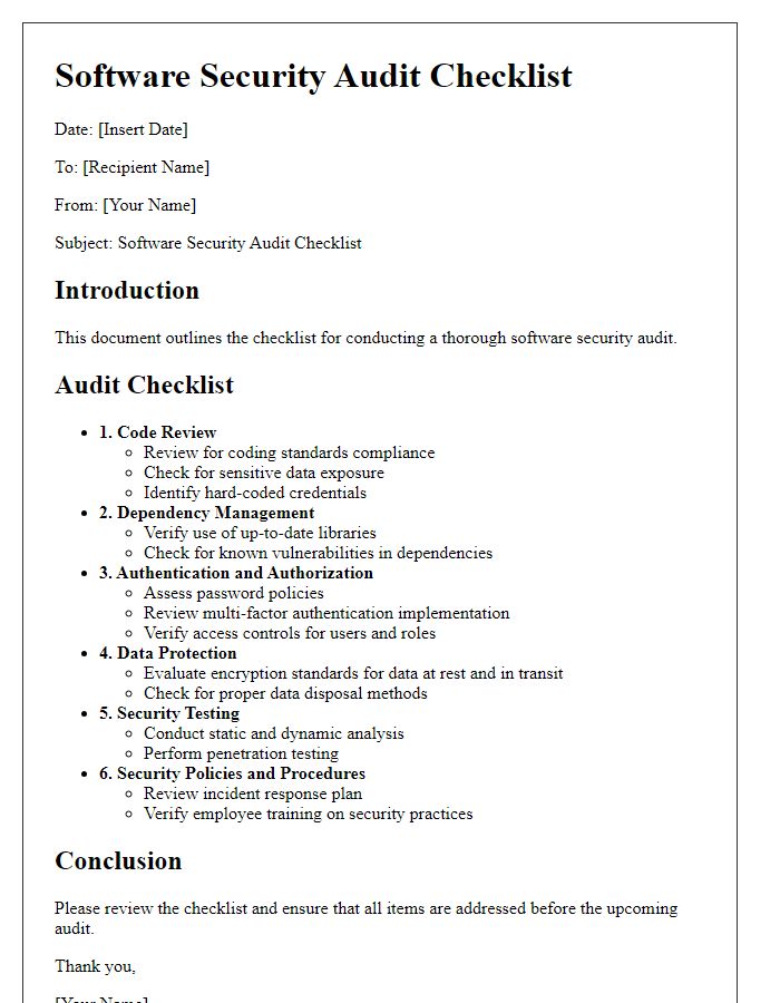 Letter template of software security audit checklist