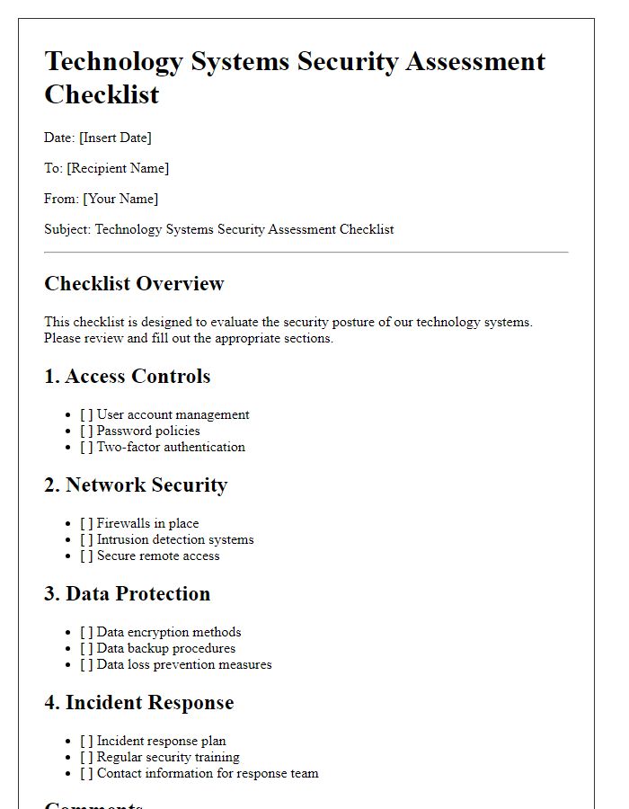 Letter template of technology systems security assessment checklist