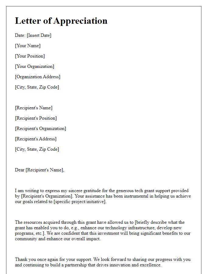 Letter template of appreciation for receiving tech grant support.