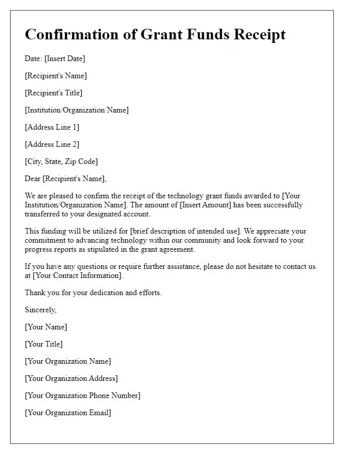 Letter template of confirmation for receiving technology grant funds.