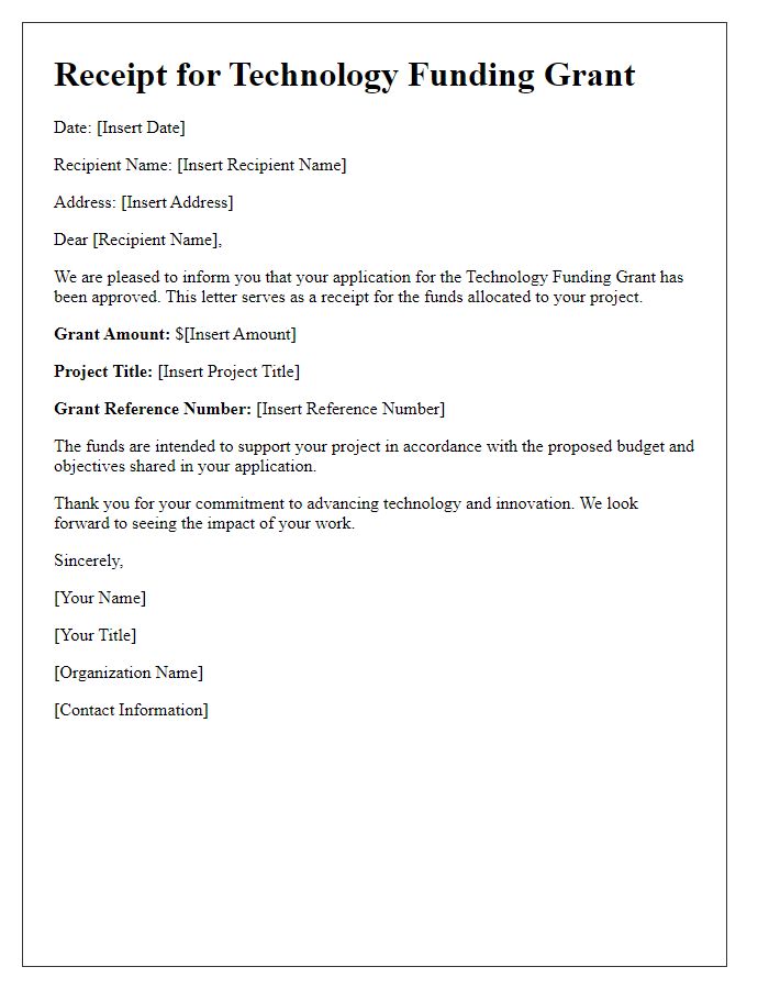 Letter template of receipt for technology funding grant.