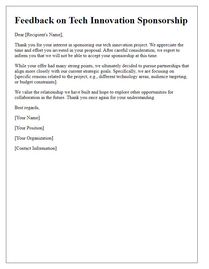 Letter template of feedback for declining tech innovation sponsorship