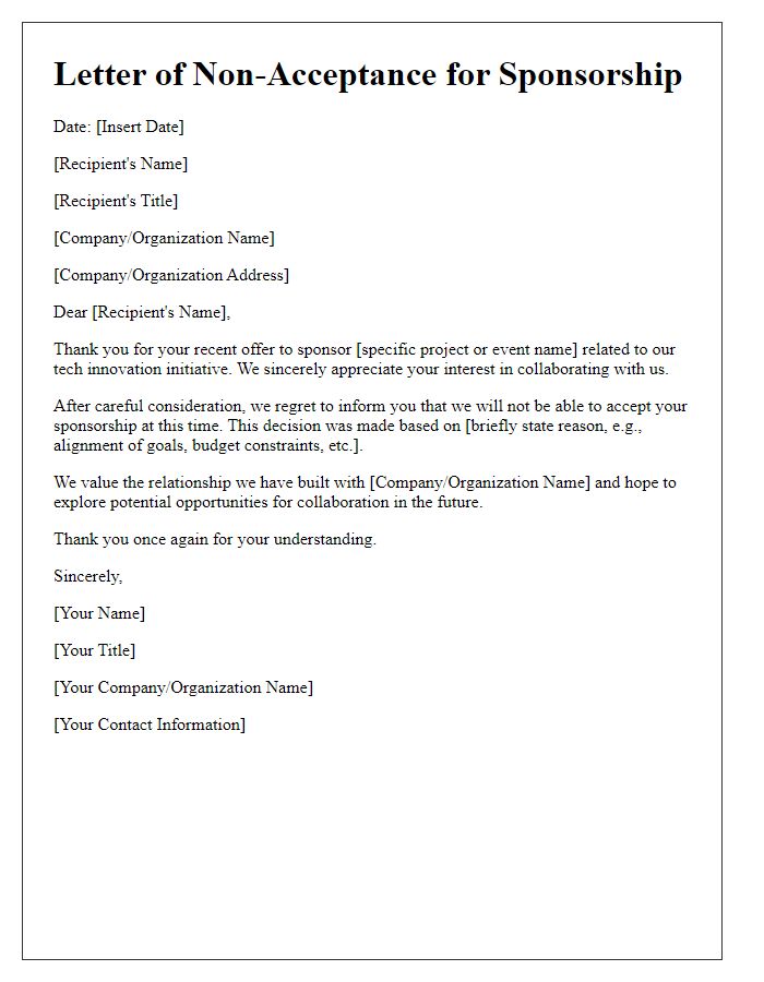 Letter template of non-acceptance for tech innovation sponsorship