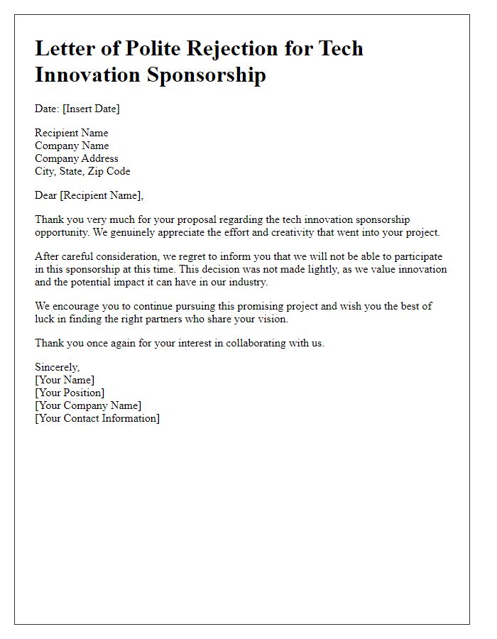 Letter template of polite rejection for tech innovation sponsorship