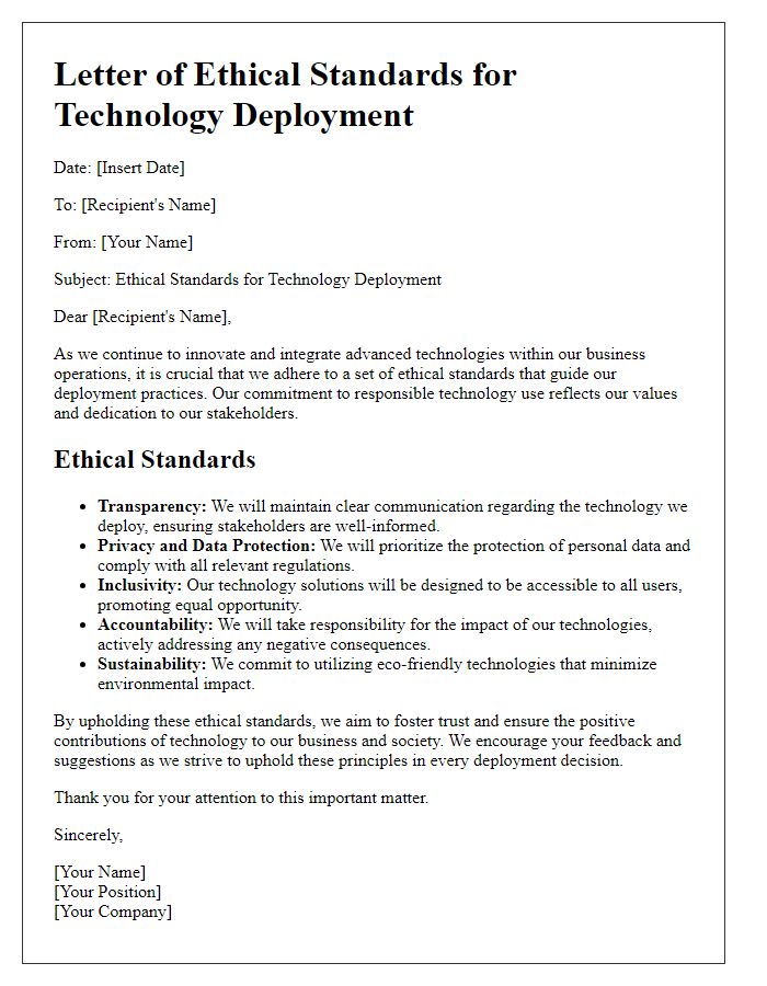 Letter template of Business's Ethical Standards for Technology Deployment