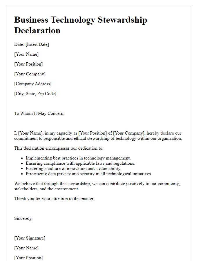 Letter template of Business Technology Stewardship Declaration