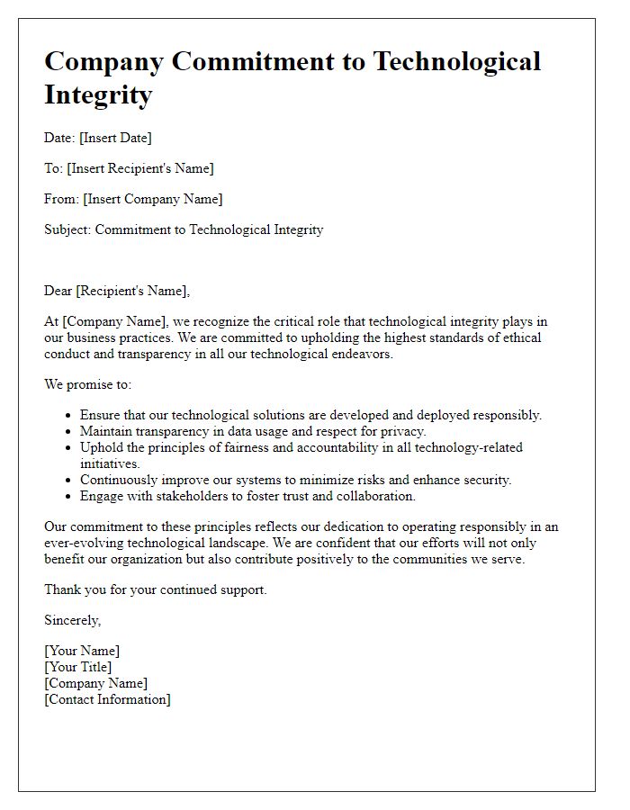 Letter template of Company Commitment to Technological Integrity