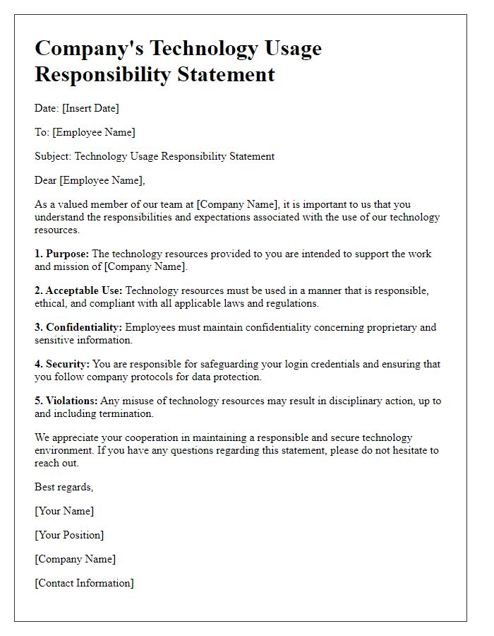 Letter template of Company's Technology Usage Responsibility Statement