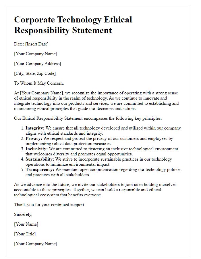 Letter template of Corporate Technology Ethical Responsibility Statement