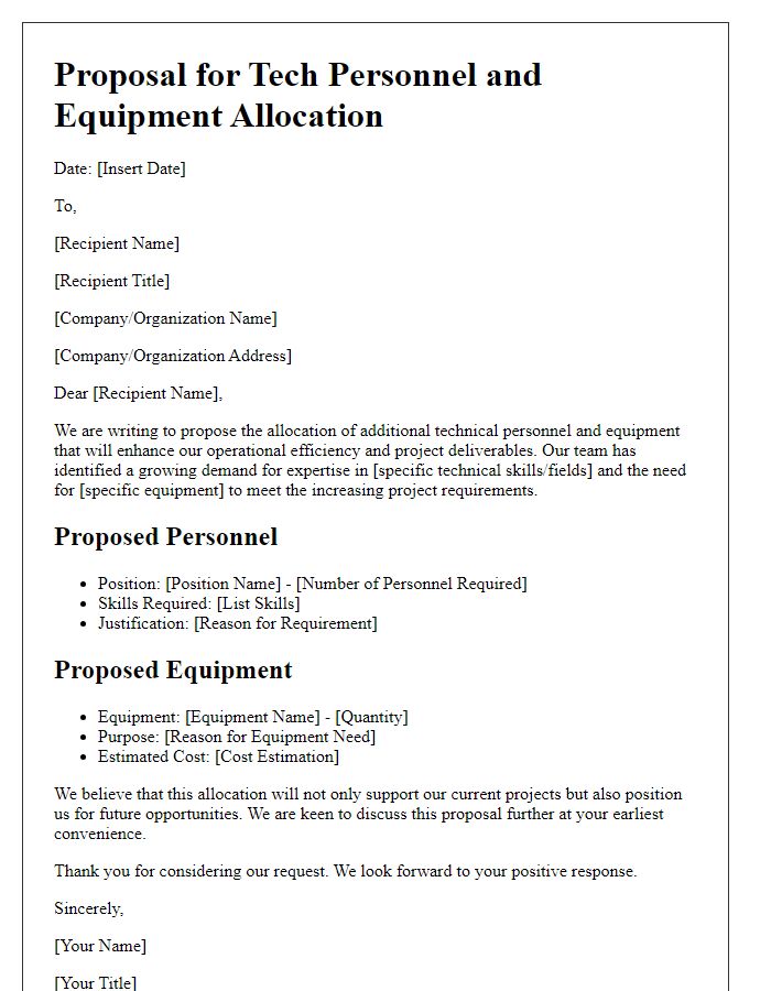 Letter template of proposal for tech personnel and equipment allocation