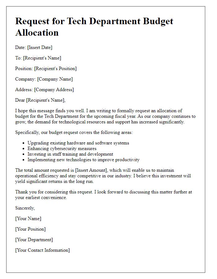 Letter template of request for tech department budget allocation