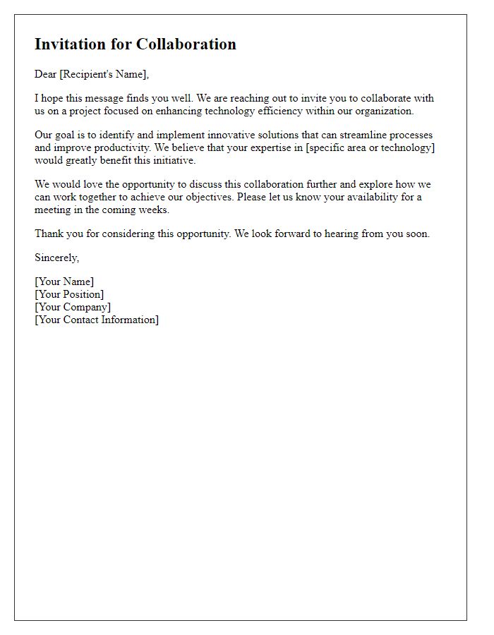 Letter template of invitation for collaboration on tech efficiency improvements.