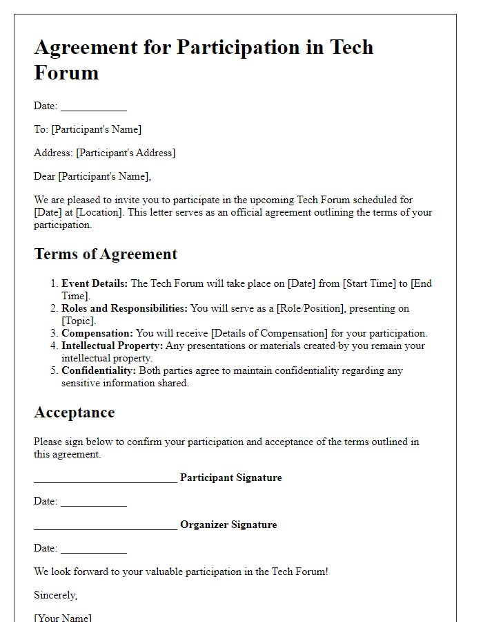 Letter template of agreement for tech forum participation