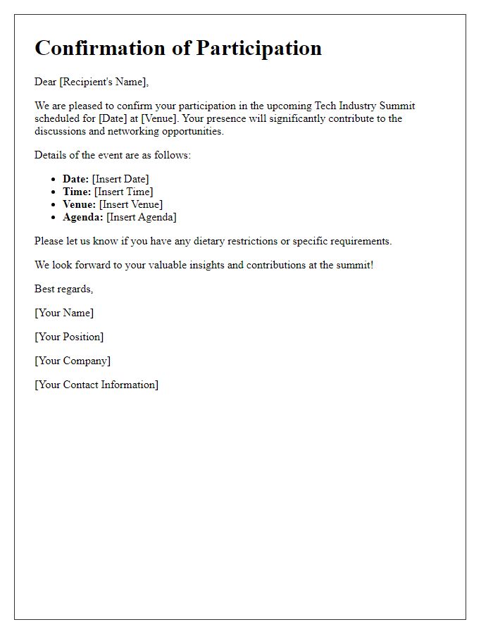 Letter template of confirmation for tech industry summit