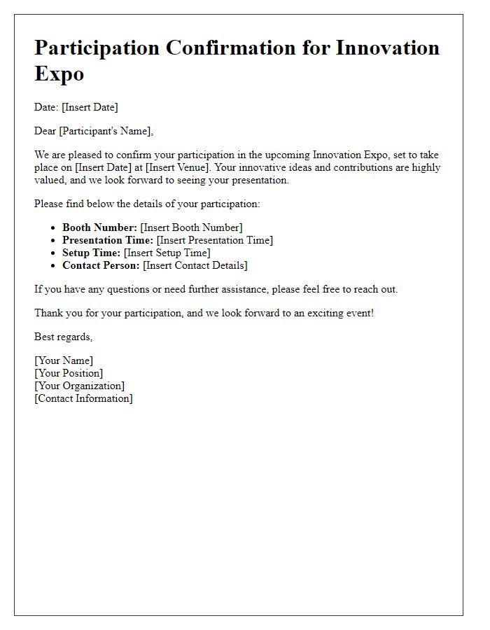 Letter template of participation confirmation for innovation expo