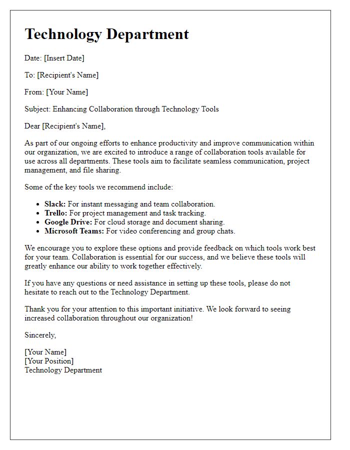 Letter template of technology department focus on collaboration tools.