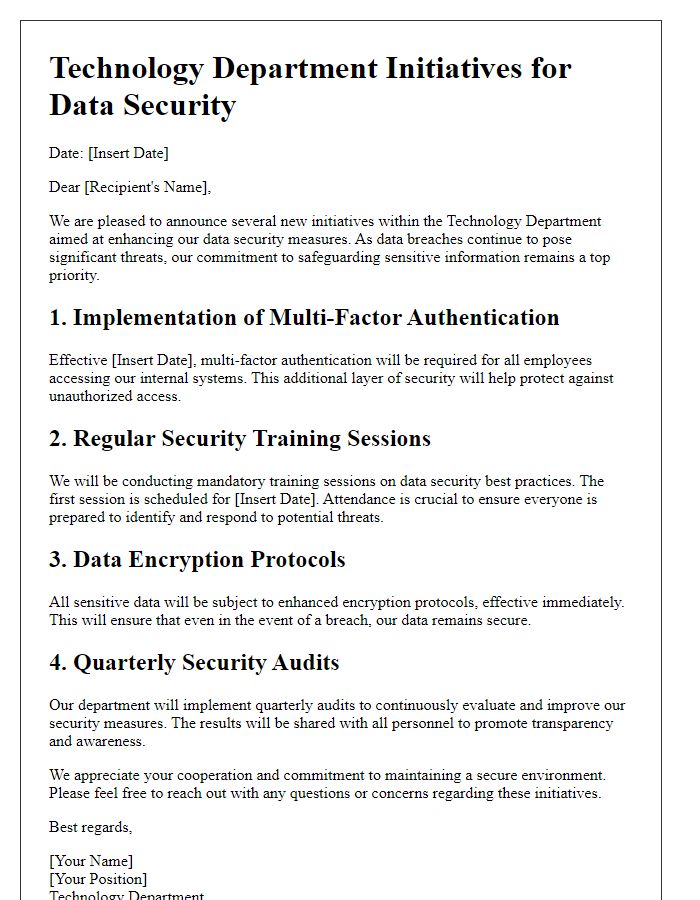 Letter template of technology department initiatives for data security.