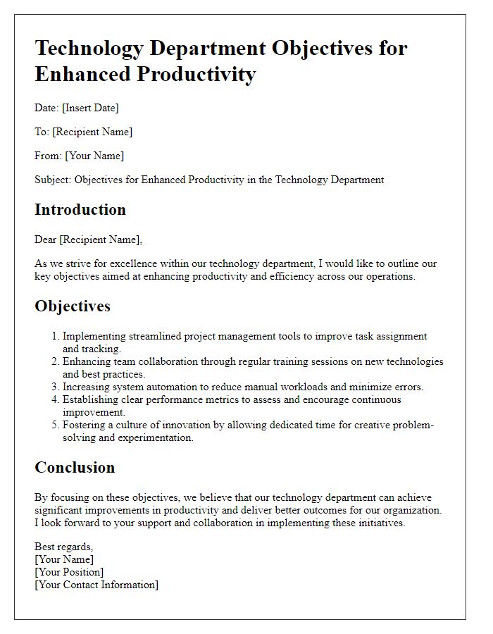 Letter template of technology department objectives for enhanced productivity.