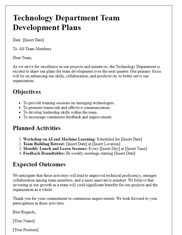 Letter template of technology department plans for team development.