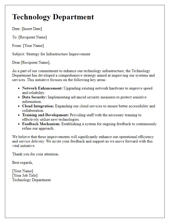 Letter template of technology department strategy for infrastructure improvement.