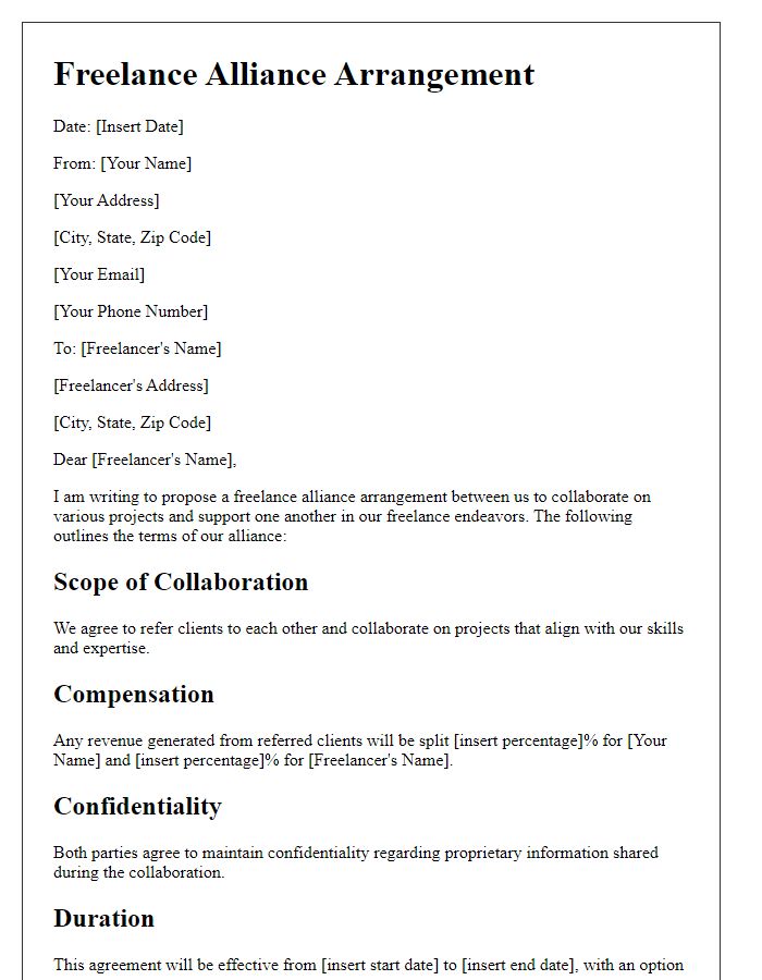 Letter template of freelance alliance arrangement