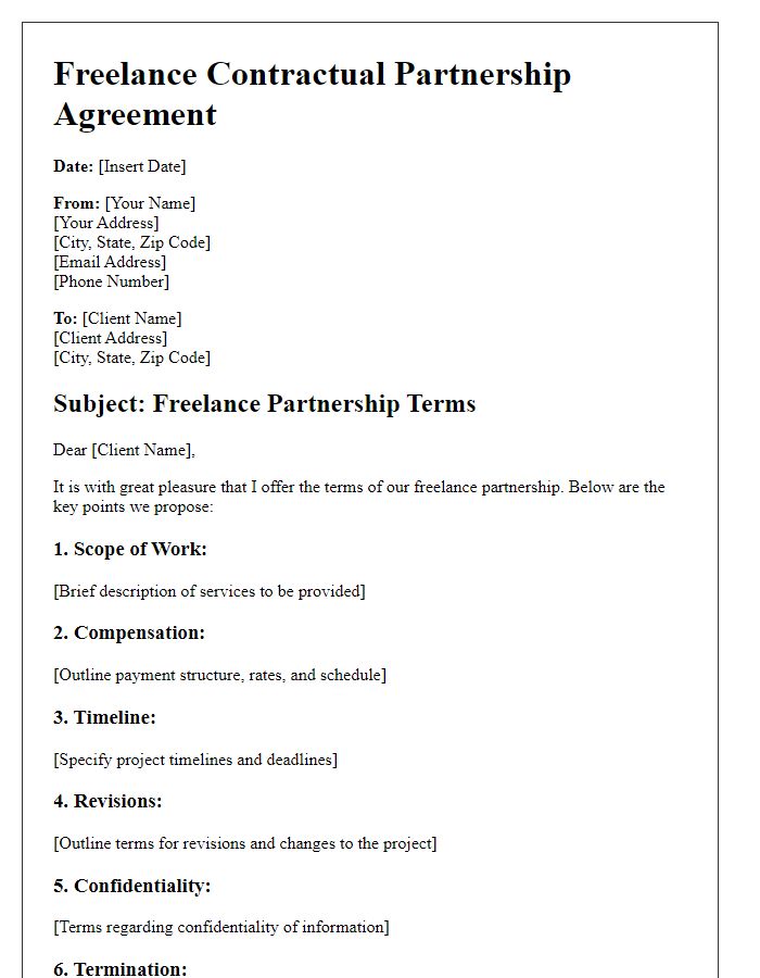 Letter template of freelance contractual partnership terms