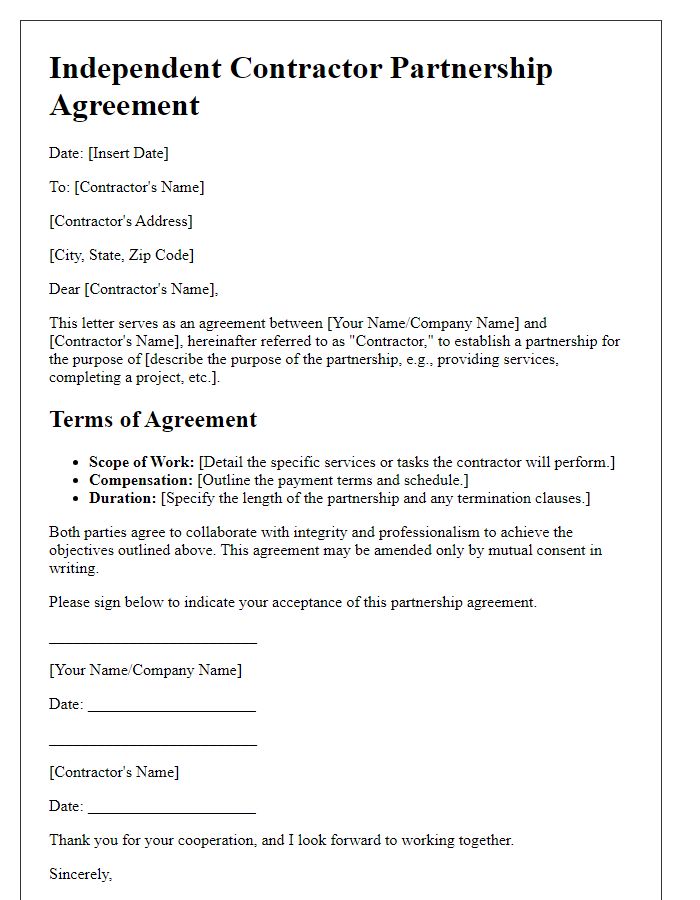 Letter template of independent contractor partnership