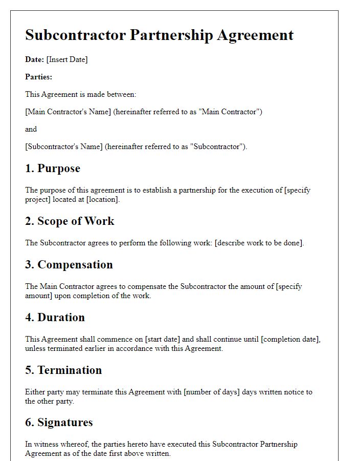 Letter template of subcontractor partnership agreement