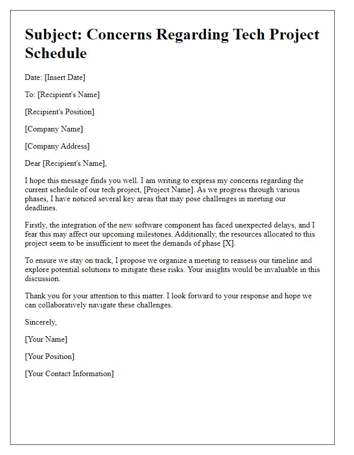 Letter template of apprehension about the tech project schedule.