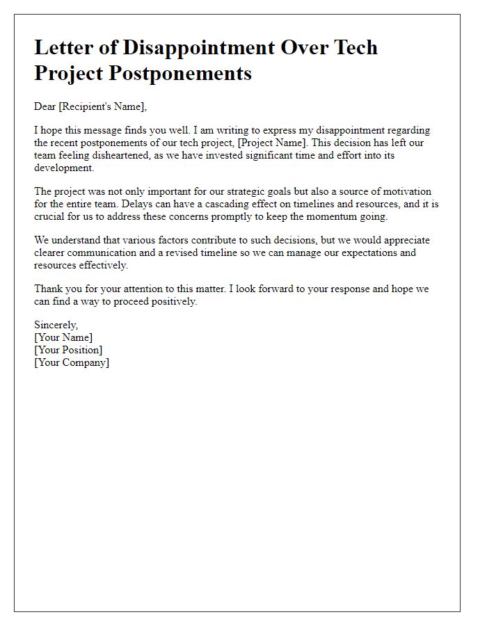 Letter template of disappointment over tech project postponements.