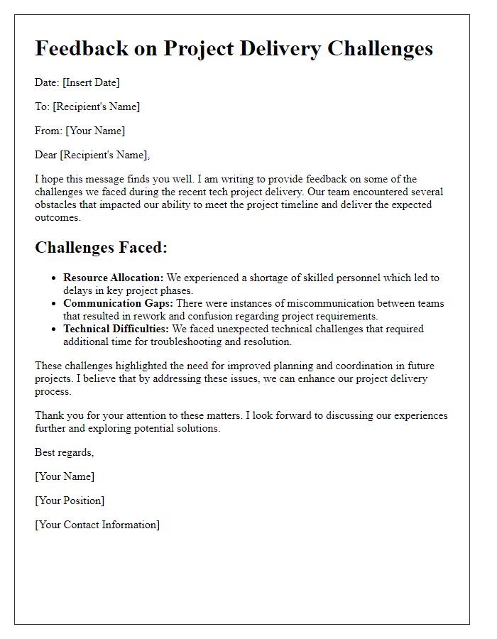 Letter template of feedback on challenges faced in tech project delivery.