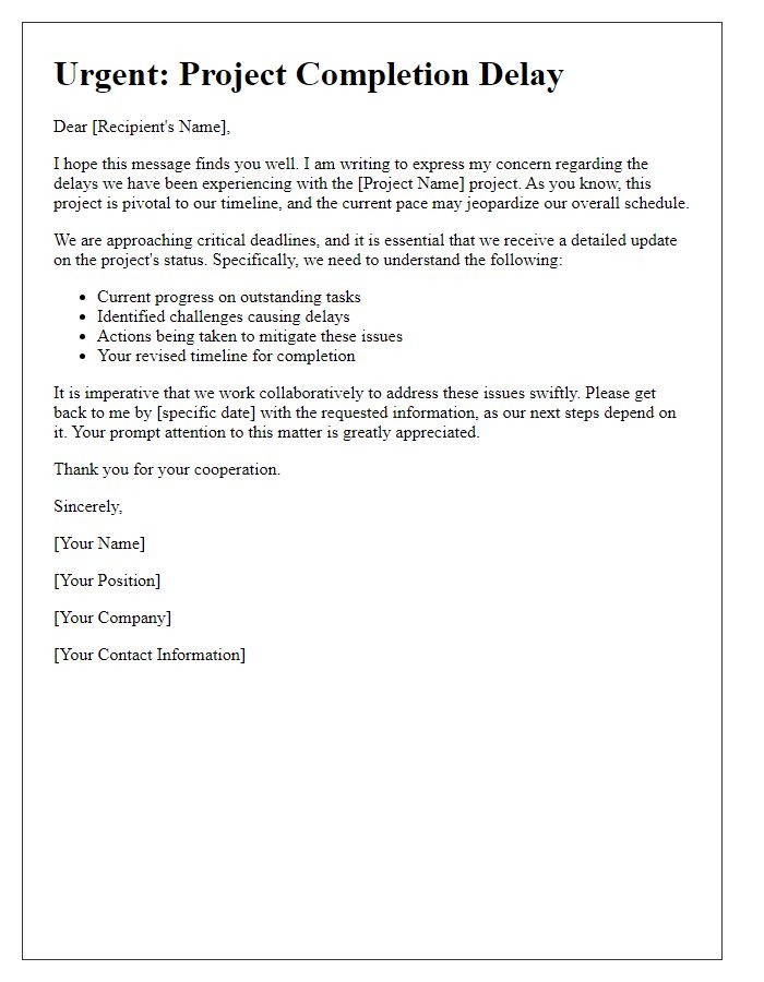 Letter template of urgency regarding tech project completion delays.