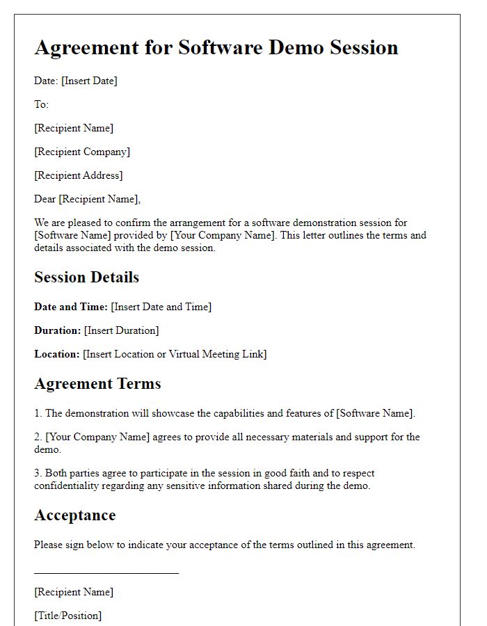 Letter template of agreement for tech software demo session.