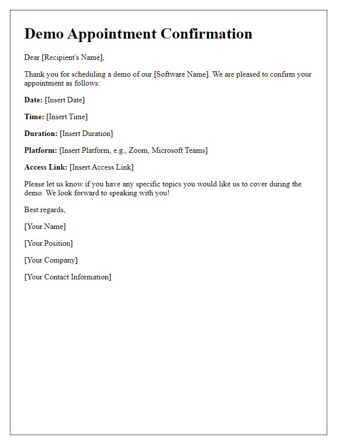 Letter template of confirmation for tech software demo appointment.