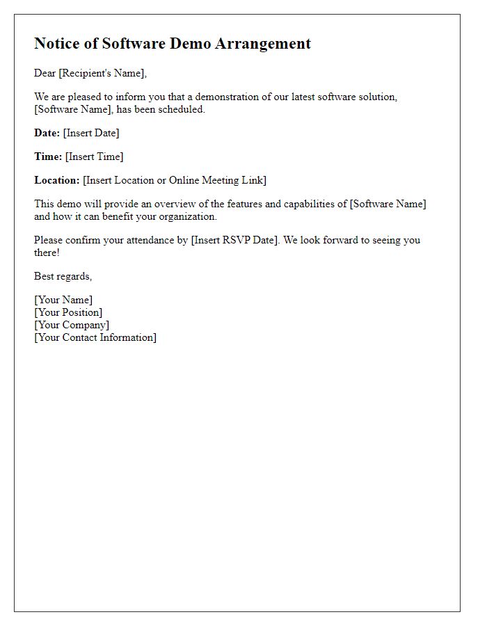 Letter template of notice for tech software demo arrangement.