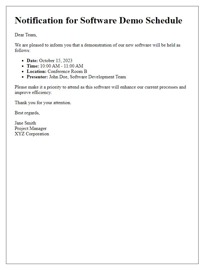 Letter template of notification for tech software demo timetable.