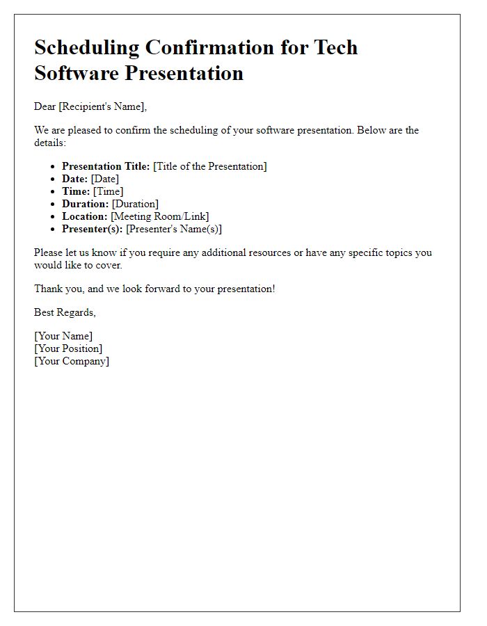 Letter template of scheduling confirmation for tech software presentation.