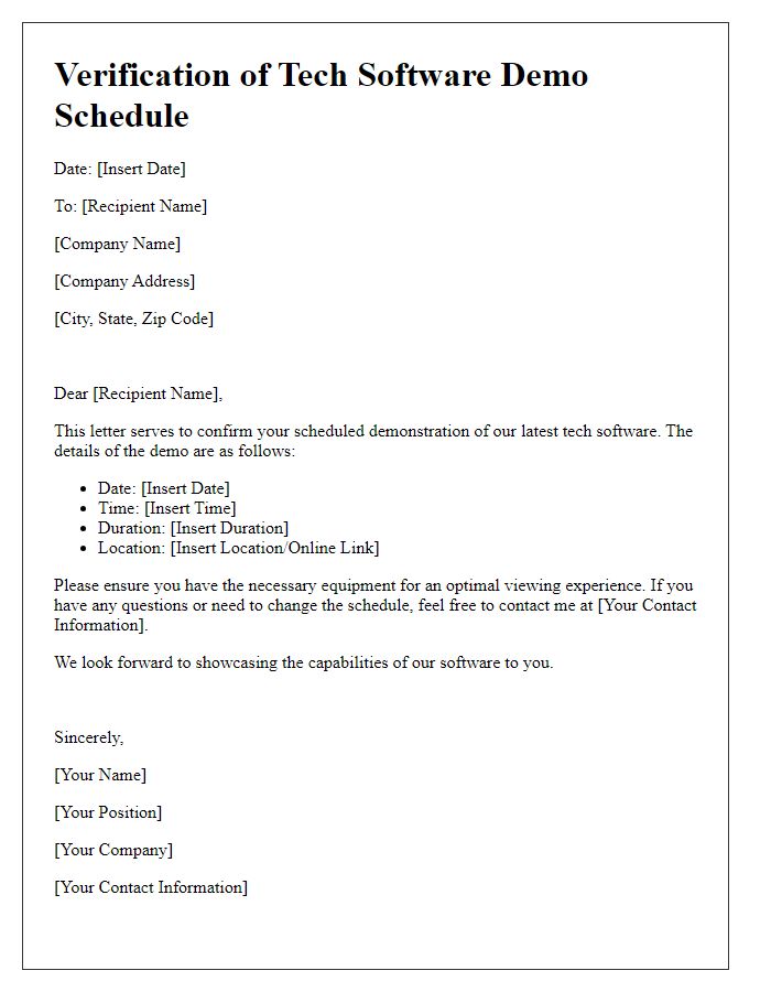 Letter template of verification for tech software demo schedule.